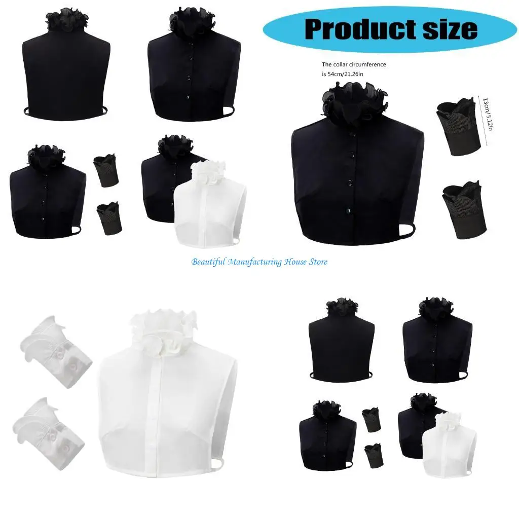 e56a-desmontable-volante-cuello-en-v-sueter-cuello-insertar-media-camisa-incluye-2-munequeras-mangas-falsas-conjunto-para