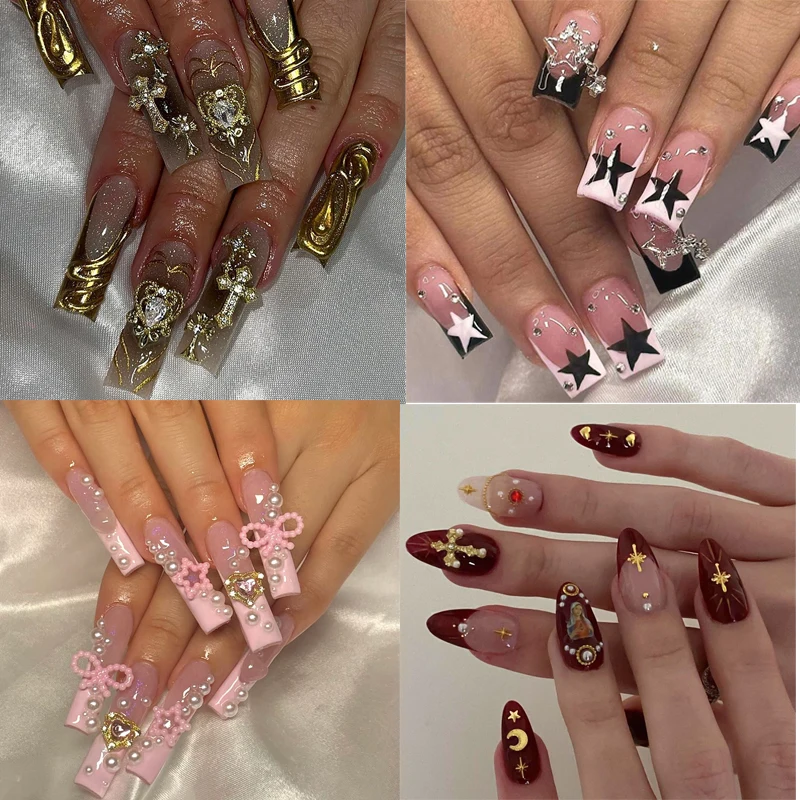 48개 골드 네일 참, 12가지 모양 골드 하트 네일 참, 3D 나비 네일 참, 합금 골드 네일 십자가, 반짝이는 돈 상징