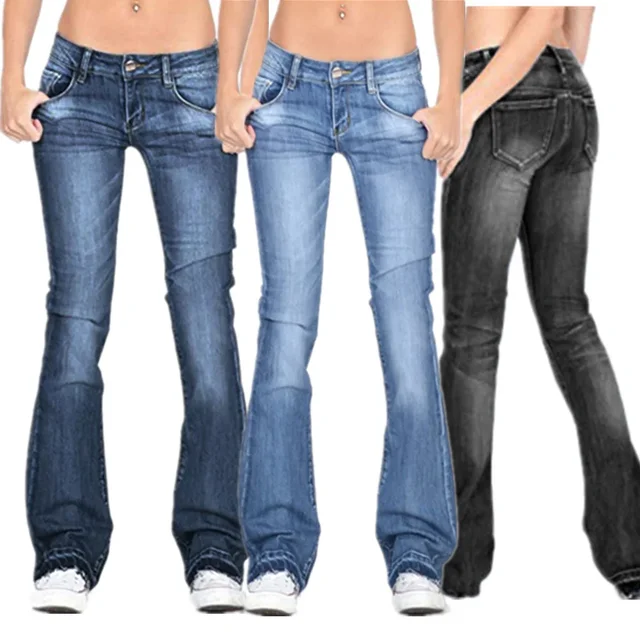 Damskie sprane dżinsy spodnie Flare Denim średnio wysoka talia Slim Fit kieszenie guziki jednolity kolor Vintage pełnej długości casualowe spodnie dżinsowe
