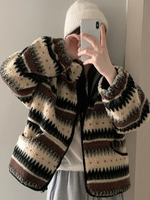 

Korean Sle Lamb Fur Warmth Outerwear Women's ort Coat Winter Faion Design Casual Loose Fit Non-Brand Premium Quali