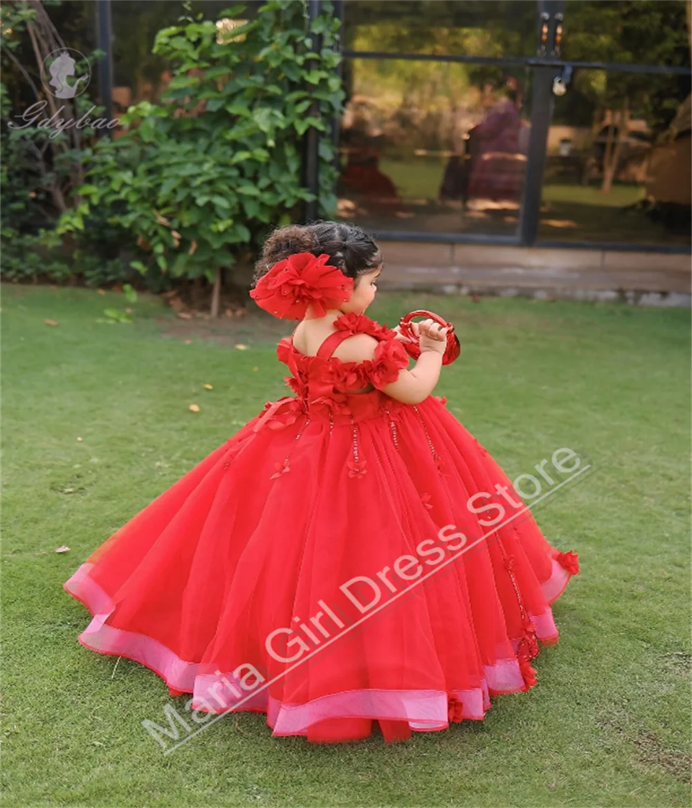 Red Fluffy Cute Flower Girl Dress With Off-shoulder Design Suitable Children's Birthday Parties Dance Parties Bridesmaid Dress