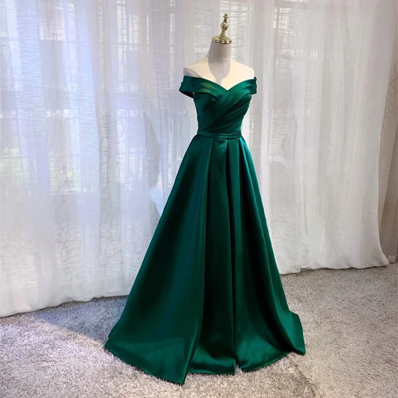 Off Shoulder Satin Evening  Dark Green Belted Banquet Party Dress Cap Sleeve A Line Formal Evening Dress Vestidos Customized