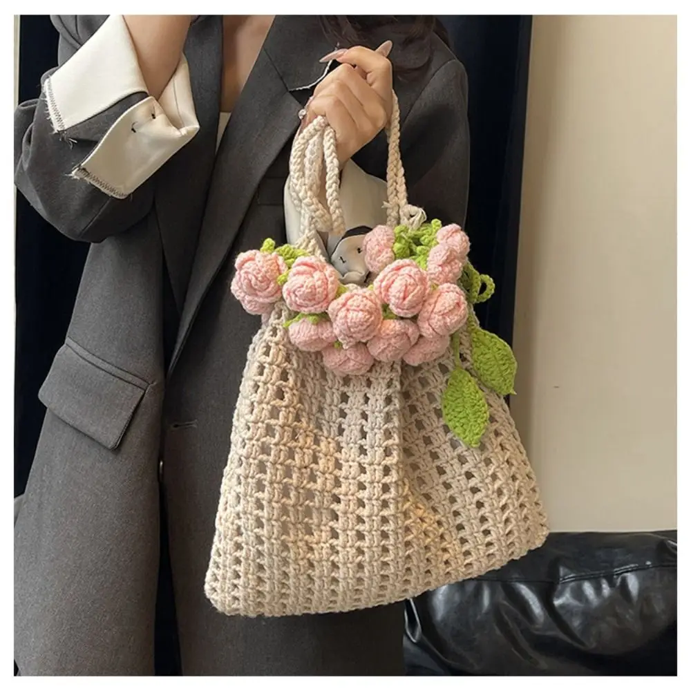 Bohemian Rose Bouquet Weave Bag Crochet Cotton Rope Knitted Flower Shoulder Bag Hollow Out Romantic Rose Beach Bucket Bag