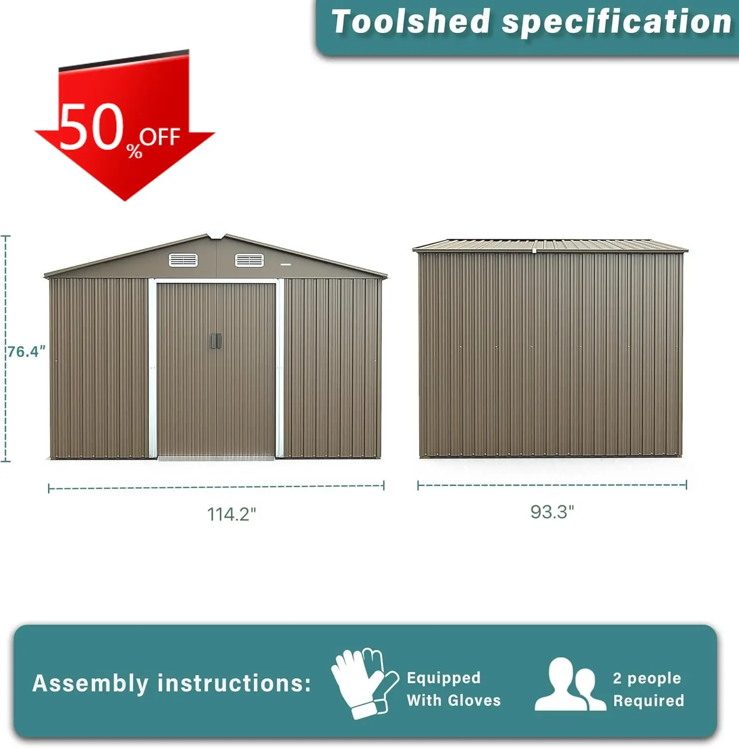 

XMSJ.10FT x 8FT Metal Storage Shed, Outdoor Storage Shed with Lockable Slide Doors & 2 Windows, Utility and Tool Shed