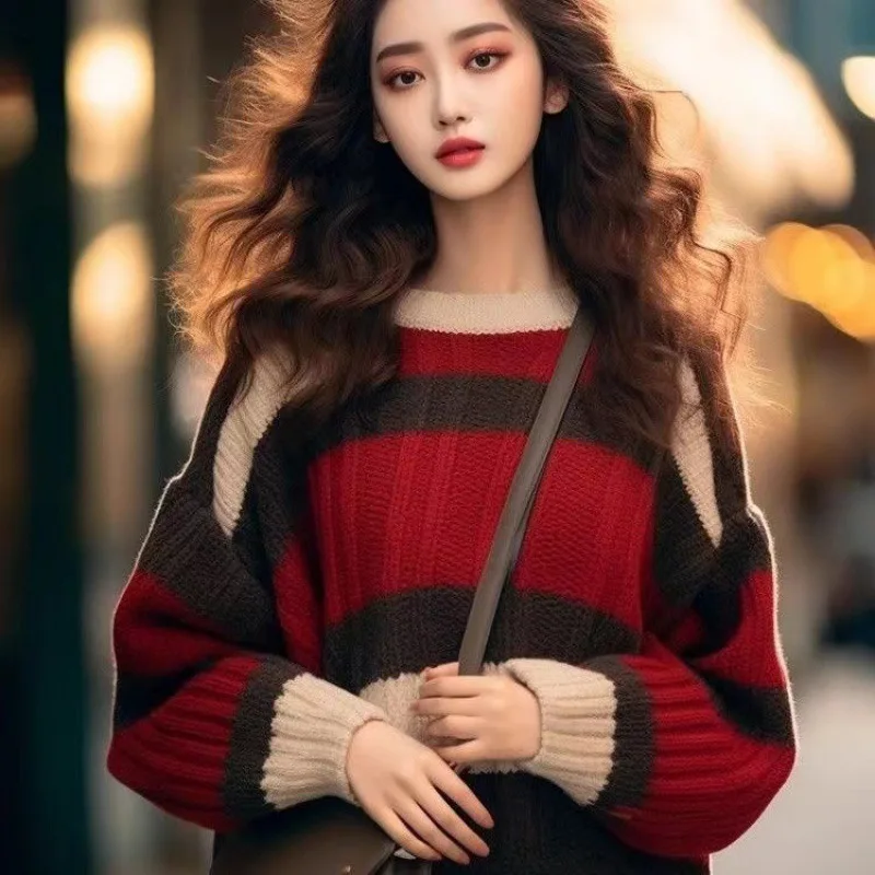 Новый красный свитер Boweylun с круглым вырезом, женская мягкая и приятная для кожи Верхняя одежда, Свободный теплый вязаный пуловер для девочек