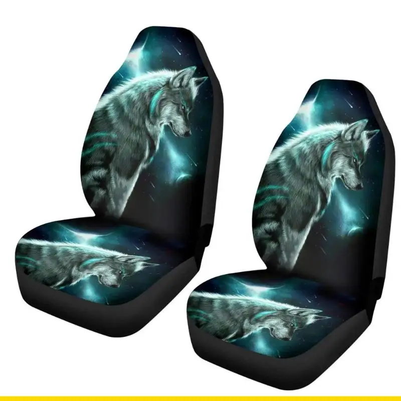 SZCH Pair Of 3D Wolf Print Car Covers Polyester Materials With Elastic Hook Straps