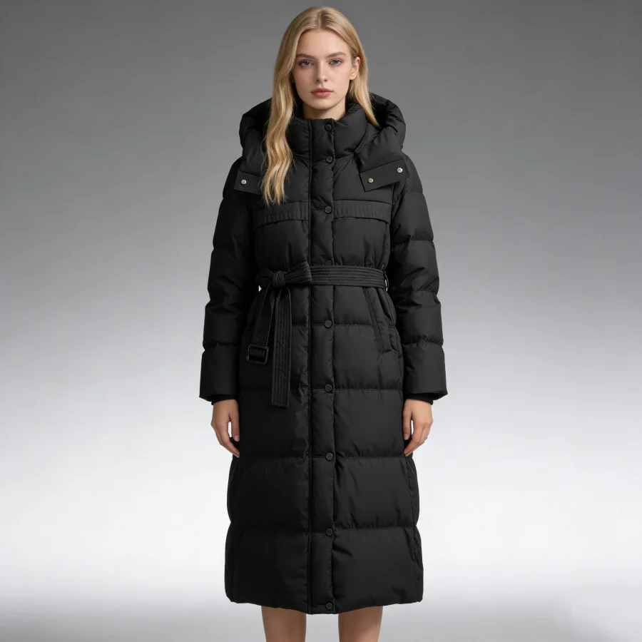 

Зимняя длинная теплая пуховая куртка на шнуровке с капюшоном, женская верхняя одежда Parker на белом утином пуху, женская утепленная однотонная молния до колена, Jackes