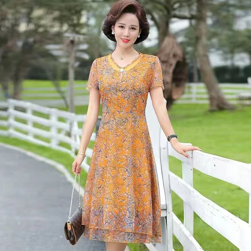 

Fashion O-Neck Printed Spliced Beading Gauze Vintage Dress Women's Clothing 2024 Summer New Loose Office Lady Floral Dress