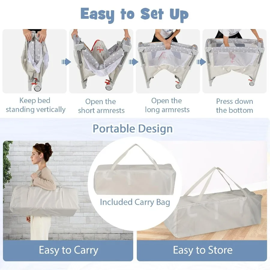 حزمة وتشغيل 5 في 1، نائمة محمولة بجانب السرير للأطفال مع سرير، مبدل حفاضات على شكل حرف U، حزام أمان، مدخل بسحاب جانبي،