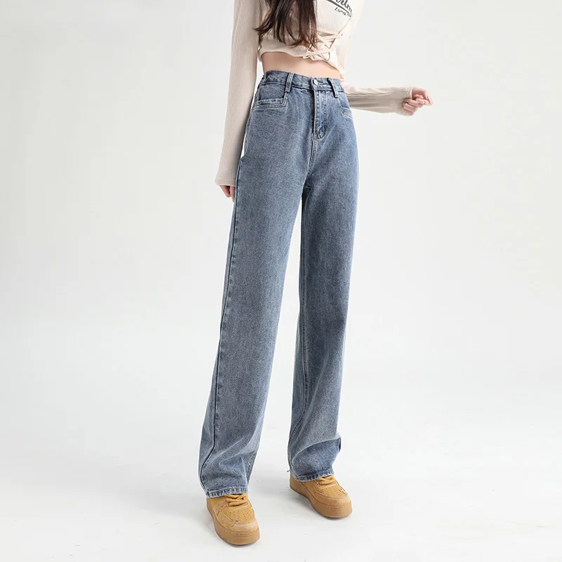 2023 Women Jeans Elastic High Waist Wide Leg Cotton Denim Clothing Blue White Streetwear Vintage Fashion Harajuku Straight Pants