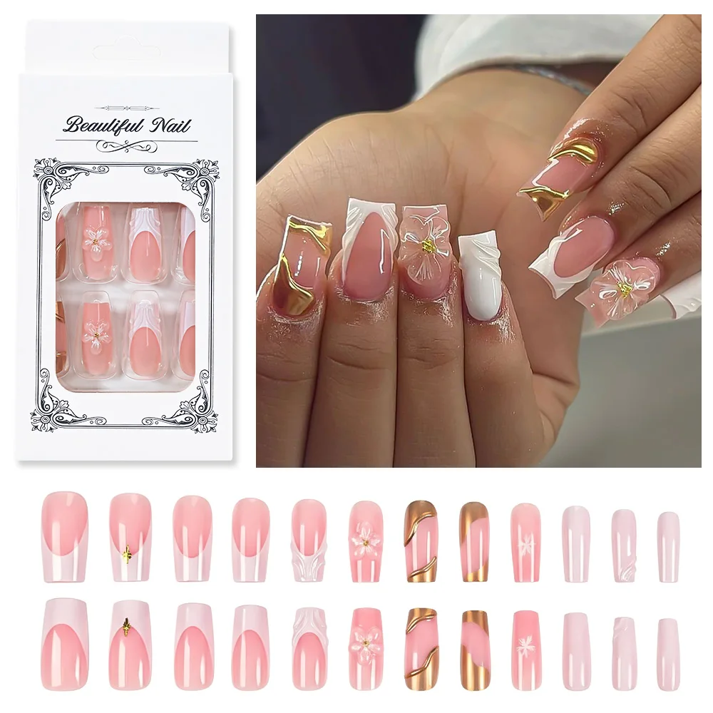 24 pièces 3D or étoile Rivet perles à la main faux ongles français Long cercueil presse sur ongles portable faux ongles conseils bricolage Y2K manucure 1