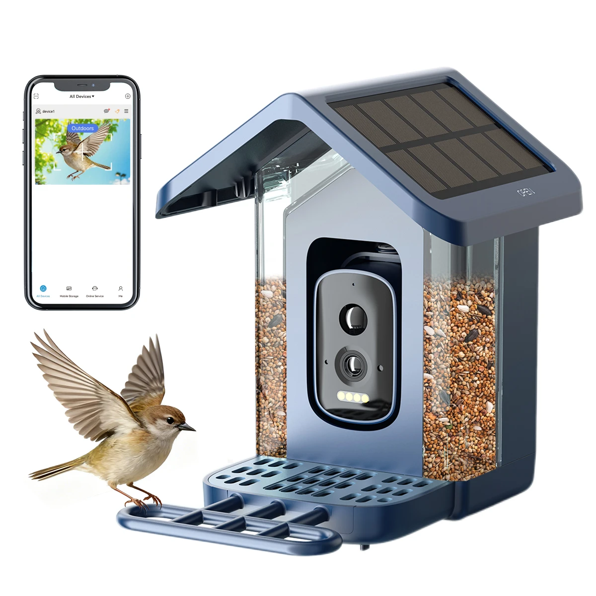 Smart Bird Feeder AI Camera Solar Panel 5MP 130 Wide-Angle Lens 6M Night Vision PIR Detection IP66 Weatherproof ABS Material