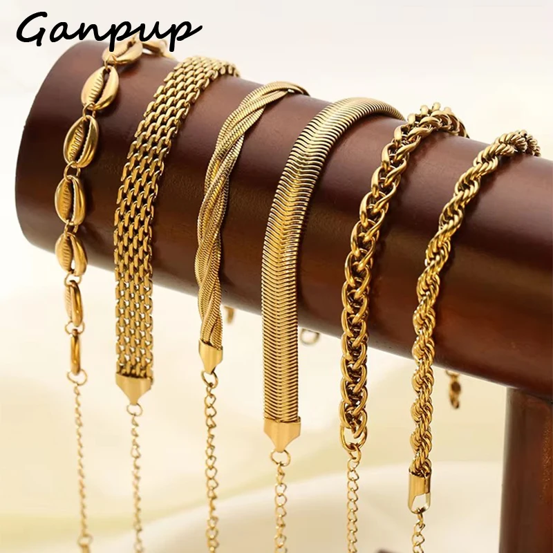 GANPUP Texture Statement Chain Thick Bangle Bracelet For Women Men 18K Gold PVD Plated Stainless Steel Anti-Fading Jewelry Gift