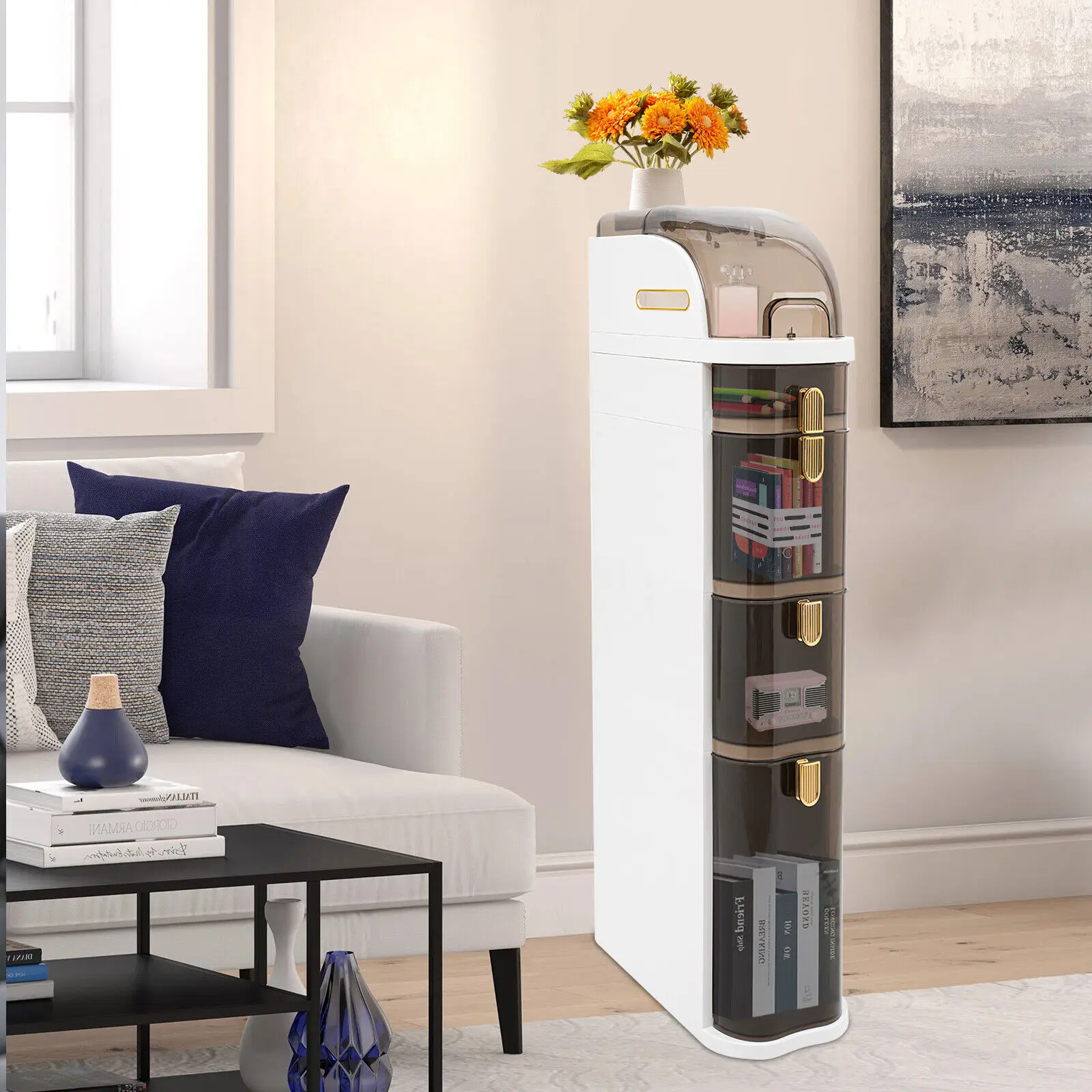 

41*18*98cm Four-shelf Storage Cabinet - Solid wood, multi-functional design, suitable for living room, bedroom, entrance hall, s