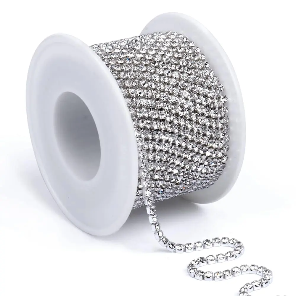 

11 Yards Silver Rhinestone Close Chain Trim, 2.5MM Clear Crystal String Claw Cup Chain for Sewing Crafts, Jewelry Making, We