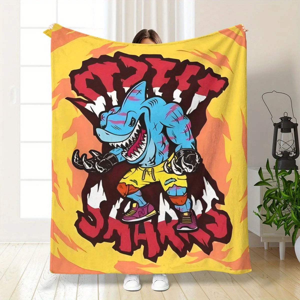 Shark cartoon-themed pattern Flannel printed blanket suitable for all seasons suitable for living room office sofa and travel