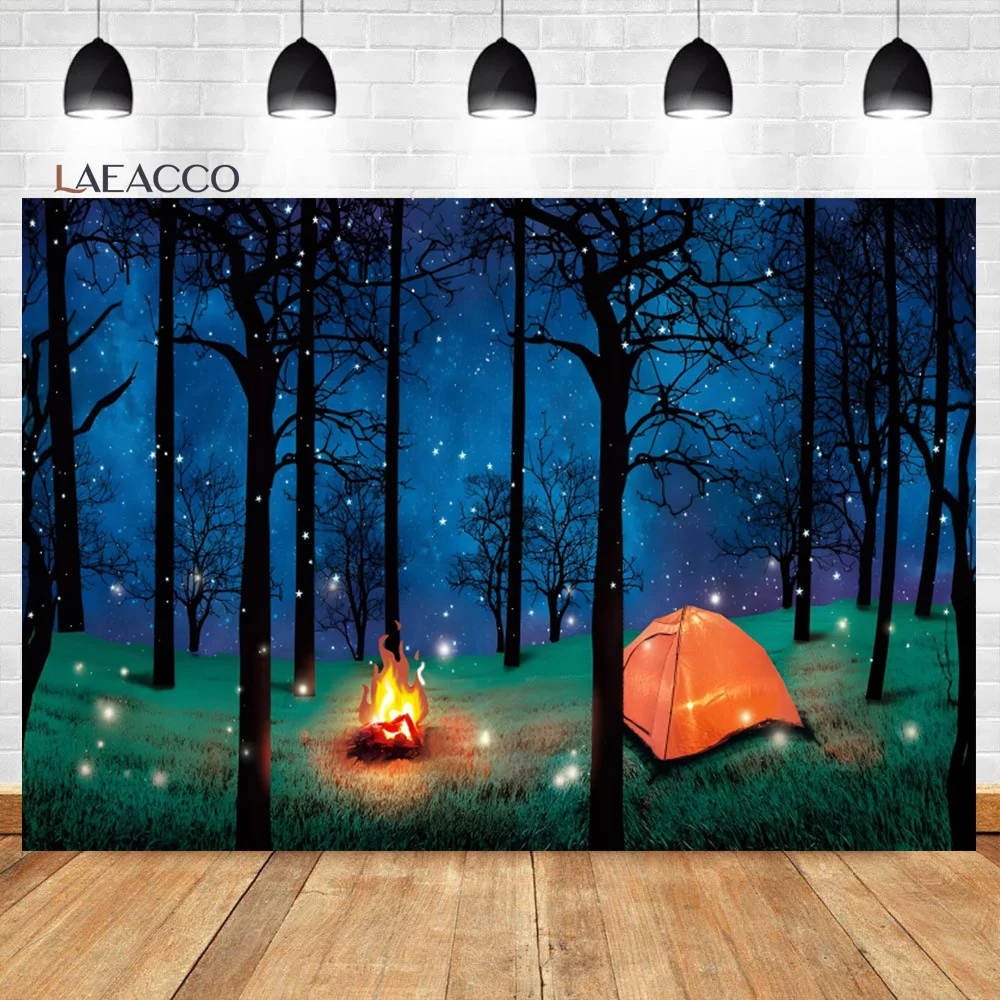 

Laeacco Cartoon Camping Backdrop Night Forest Starry Scenery Campfire Camper Tent Kids Birthday Portrait Photographic Background