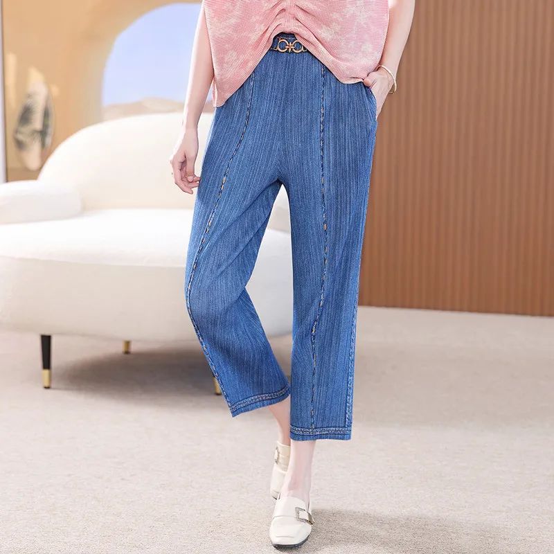 

Women Pants Summer Casual 2023 New High Waist Loose Stretch Miyake Pleated Ankle Length Denim Trousers