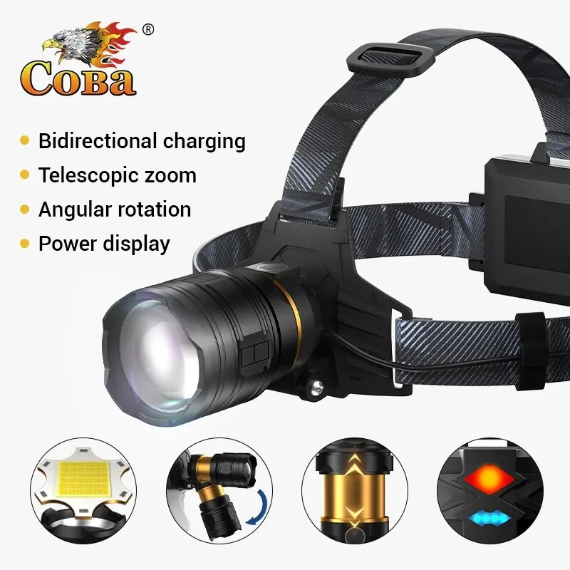 COBA Powerful XHP360 36-core Headlamp Flashlight 18650 Rechargeable ZOOM Head Flashlights High Power Head Lamp Fishing Headlight