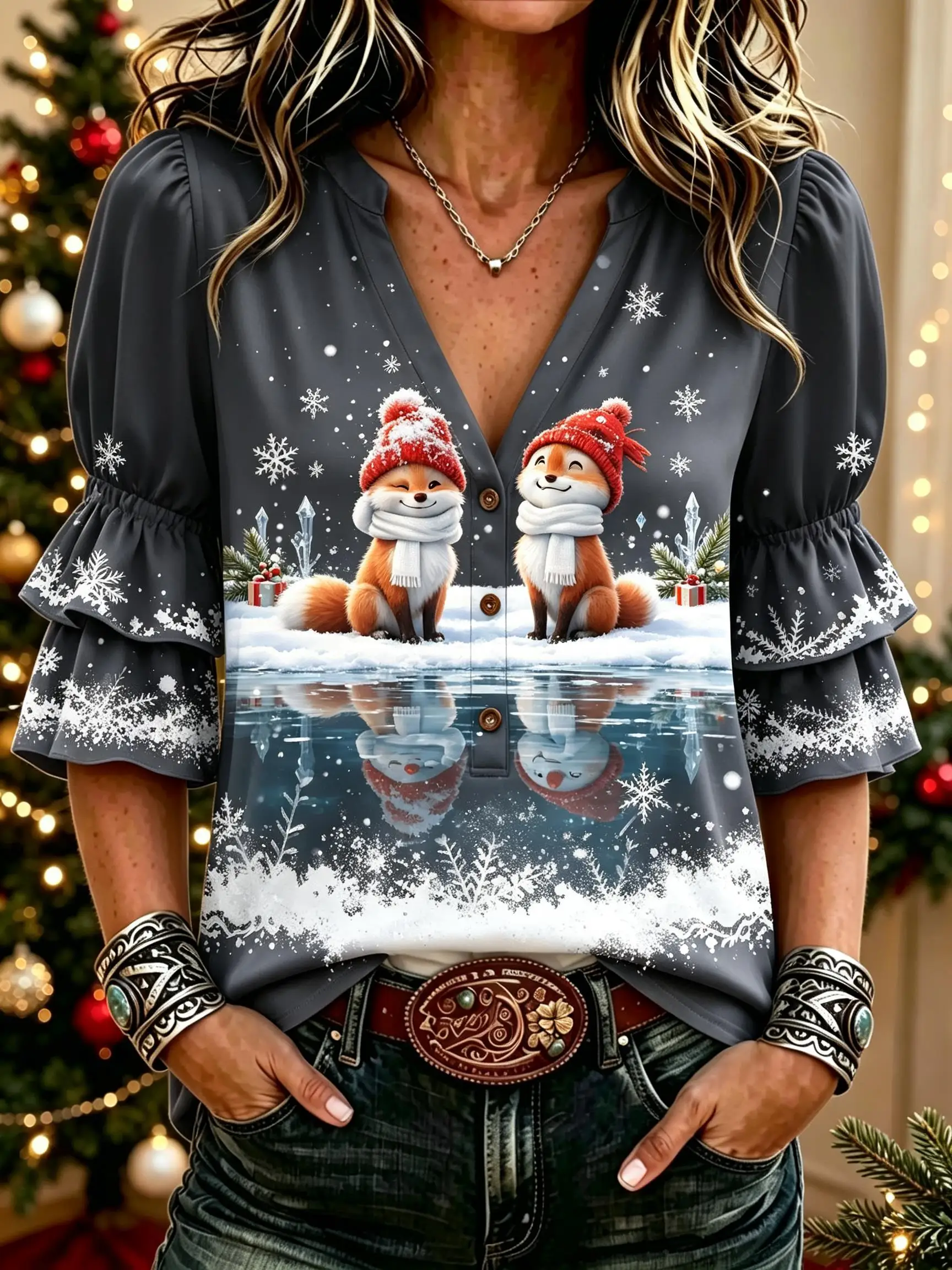 Women V Neck Half Button Blouse Tiered Ruffle Sleeve Christmas Animal Snowman Reflection Graphic Print Xmas Top