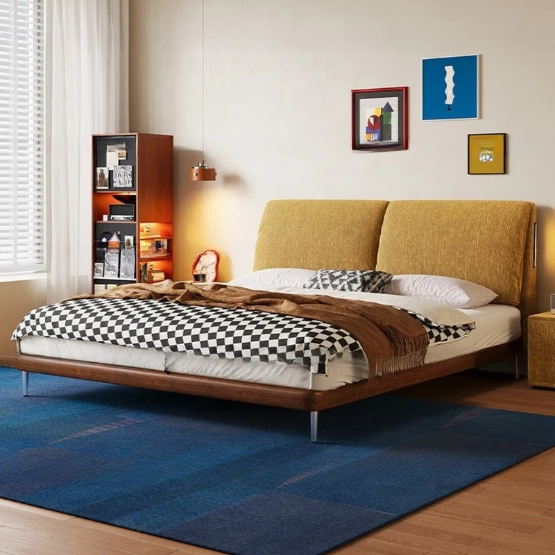 Vintage style, detachable and washable double bed, white ash wood, fabric full solid wood bed