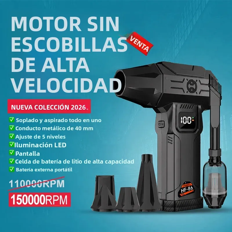 Soplador de Aire Turbo Jet Inalámbrico de 150000 RPM, Potente Aspiradora con Motor sin Escobillas, 5 Velocidades y Luz LED para Coche y Teclado