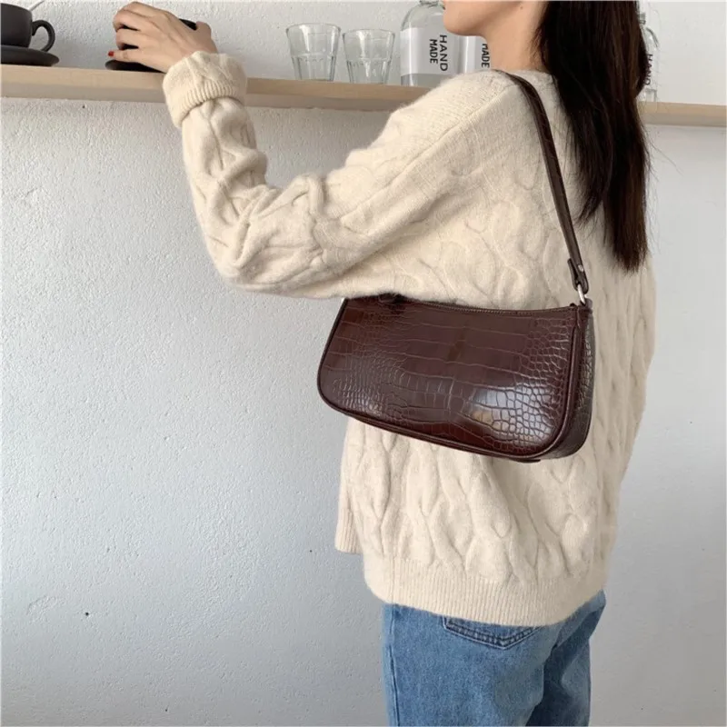 Fashion Handbags For Women 2024 Stone Pattern Solid Designer Hobo Underarm Bag Luxury Trend Ladies Square Shoulder Bags Black