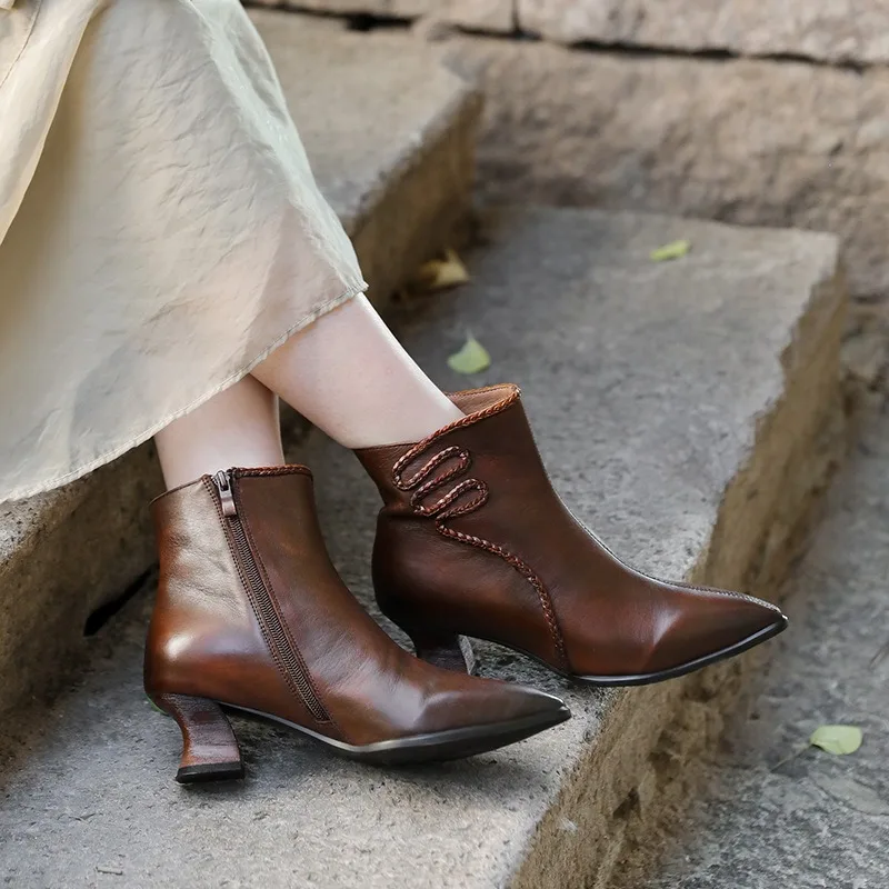 Birkuir Retro Pointed Toe Short Boots For Women Female Side Zip High Top Shoes Genuine Leather Luxury Soft Sewing Chelsea Boots image 5