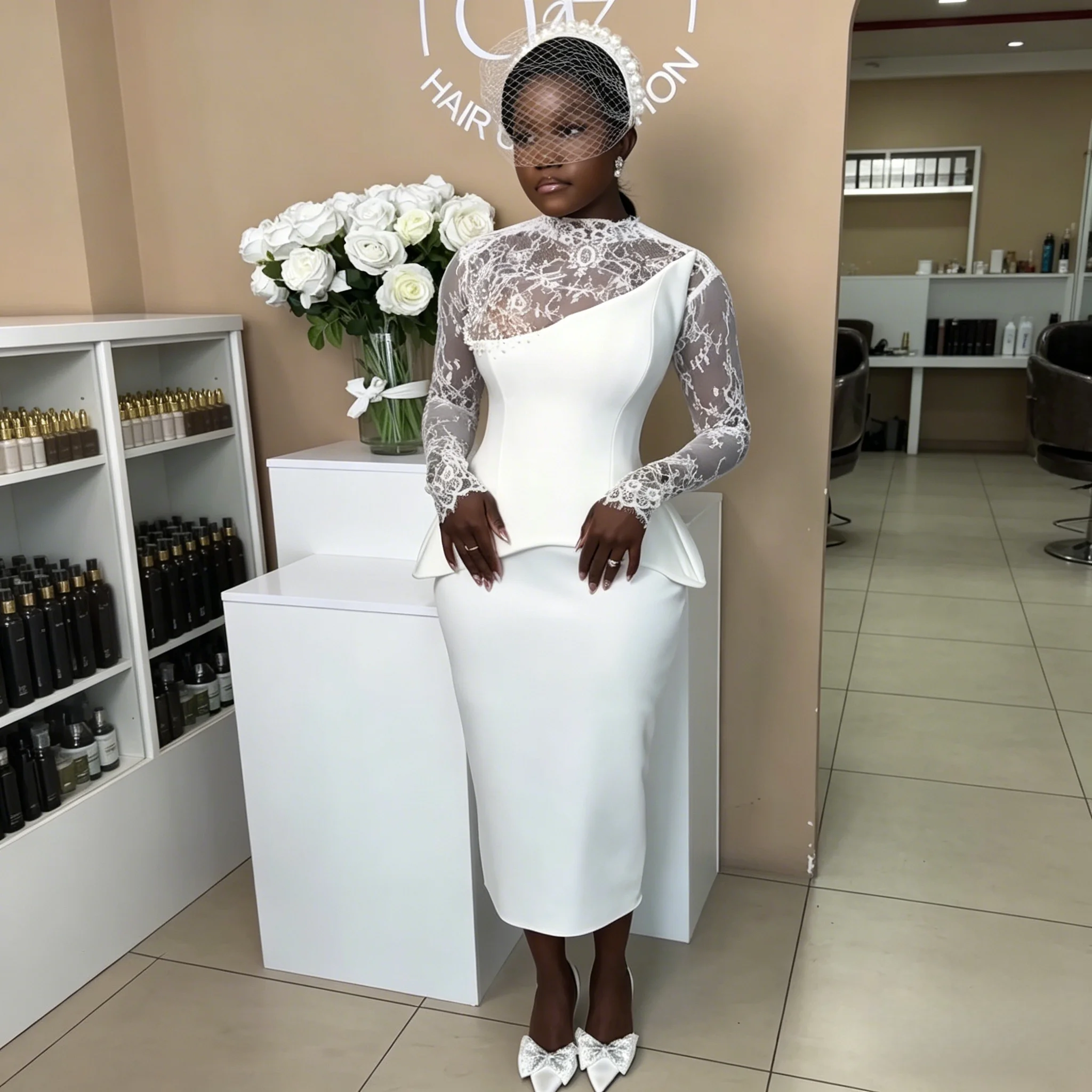 Civil Court Wedding Dresses for Bride Long Sleeve Midi Length Pearls Beads Lace Satin Aso Ebi African Birdal Gowns Customized