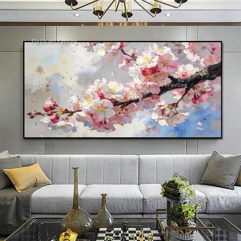 Heavy Impasto Large Canvas Botanical Oil Painting Hand Painted Falling Spring Cherry Bloom Artwork Living Room Home Decor Items
