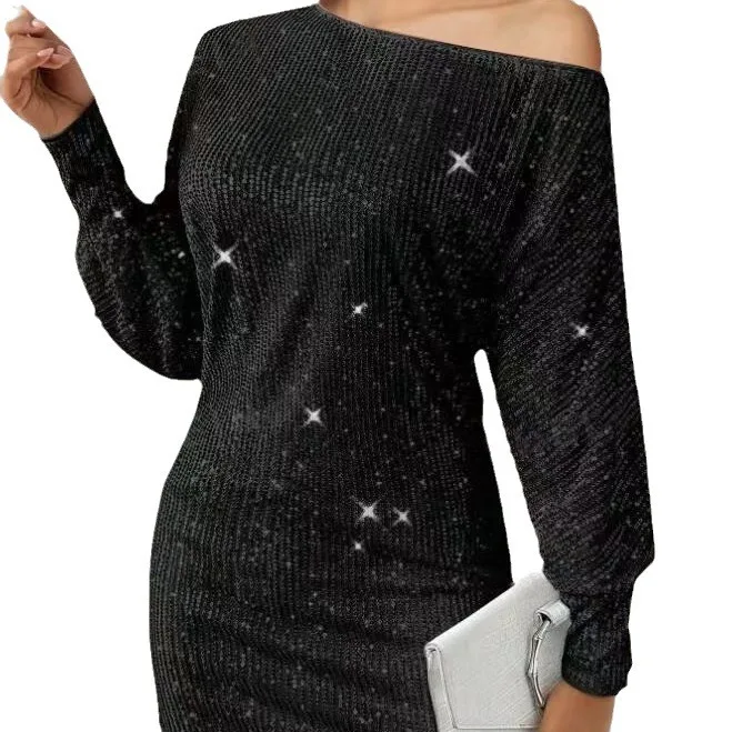 Vestido Midi Sexy de Manga Longa com Lantejoulas Verão 2024 Moda Fena Transfronteiriça Vestido de Poliéster Tricotado Bri...