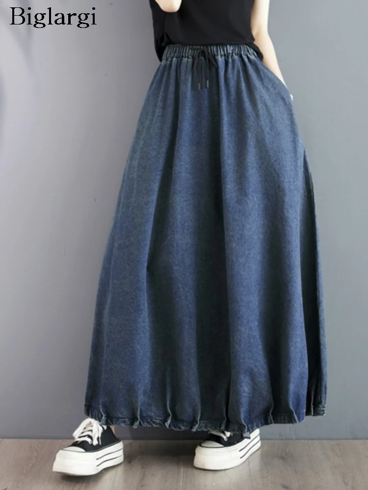 

Джинсовая длинная юбка большого размера, женские модные эластичные женские юбки с высокой талией в стиле ретро, повседневные свободные плиссированные женские юбки с рюшами