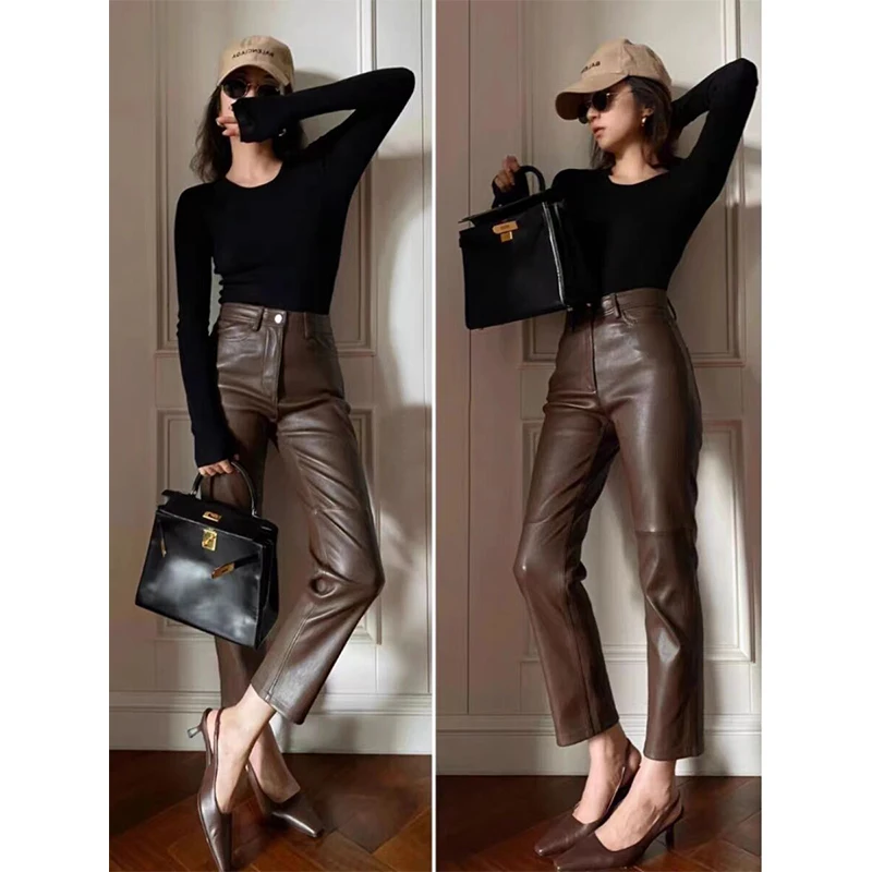 

High Waist Casual Leather Pants Real eep Leather Versatile Straight Leg Length Nine Points Autumn Commute Sle Women's Fas...