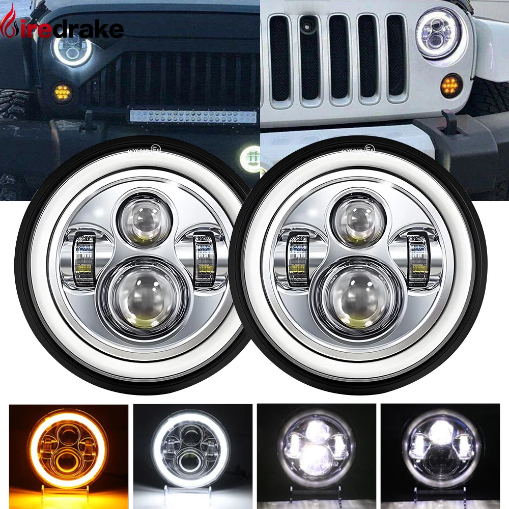 7 Inch Wrangler LED Round Headlight 140W 14000LM Angel Eye Silver Bottom Headlamp for Jeep Motorcycle Headlight 6000/3000K