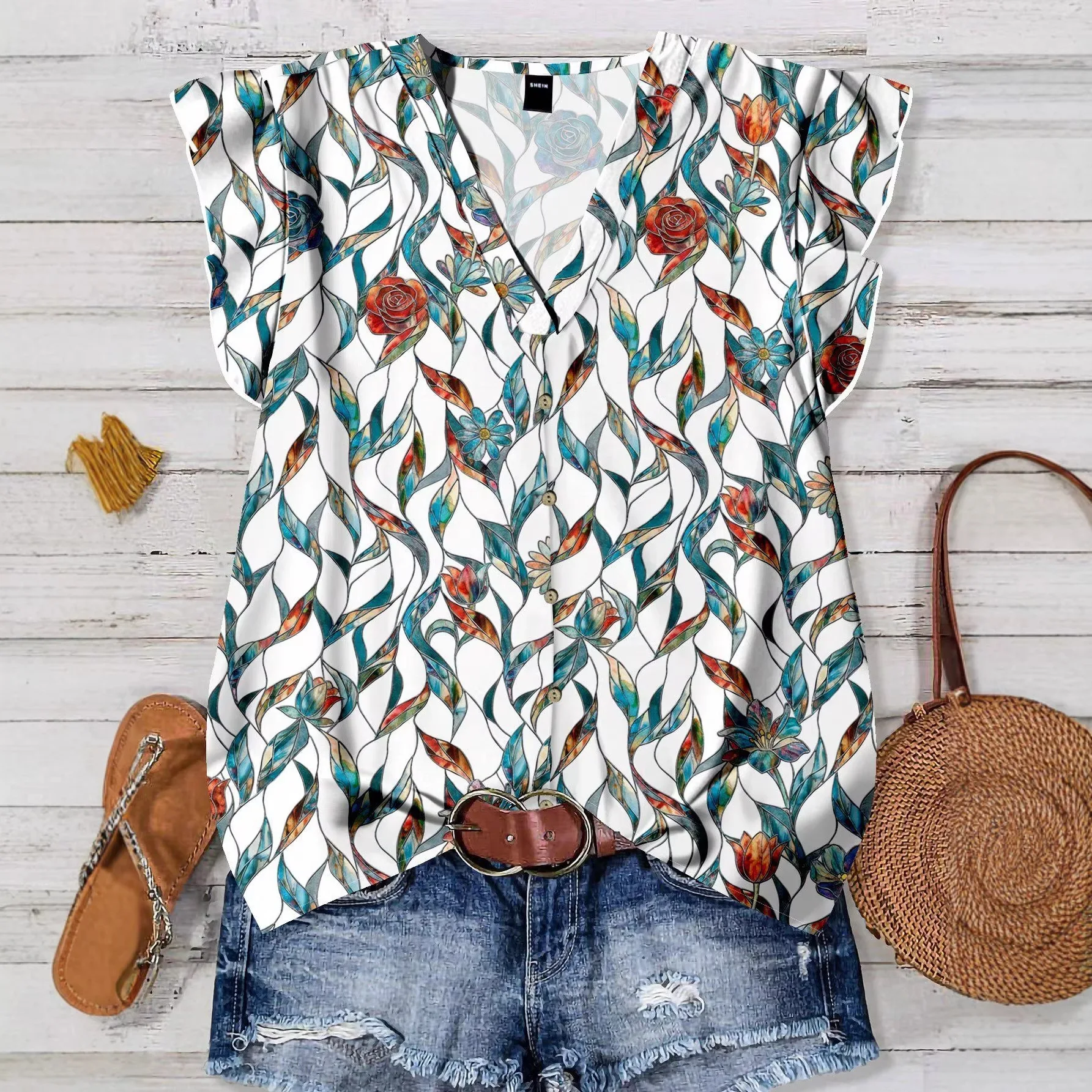 Summer New Product Loose Retro Printed Casual Flying Sleeve Button Printed Women Shirt T Shirts Top Tops