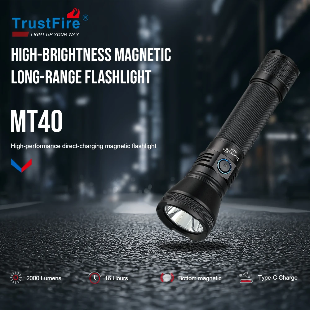 Trustfire MT40 Tactical Rechargeable Lamp 2000 Lumens 580 Meters Beam Range LED Flashlight with USB Charging Self-Defense IP68 Flashlight