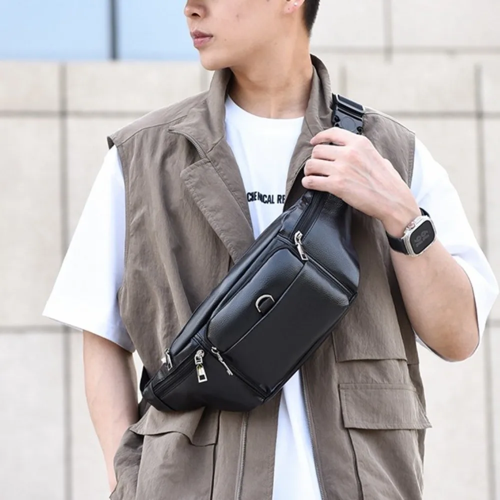 

PU Leather Men Crossbody Bag Large Capacity Phone Pouch Waist Bag Waterproof Leisure Student Shoulder Bag Male Boys