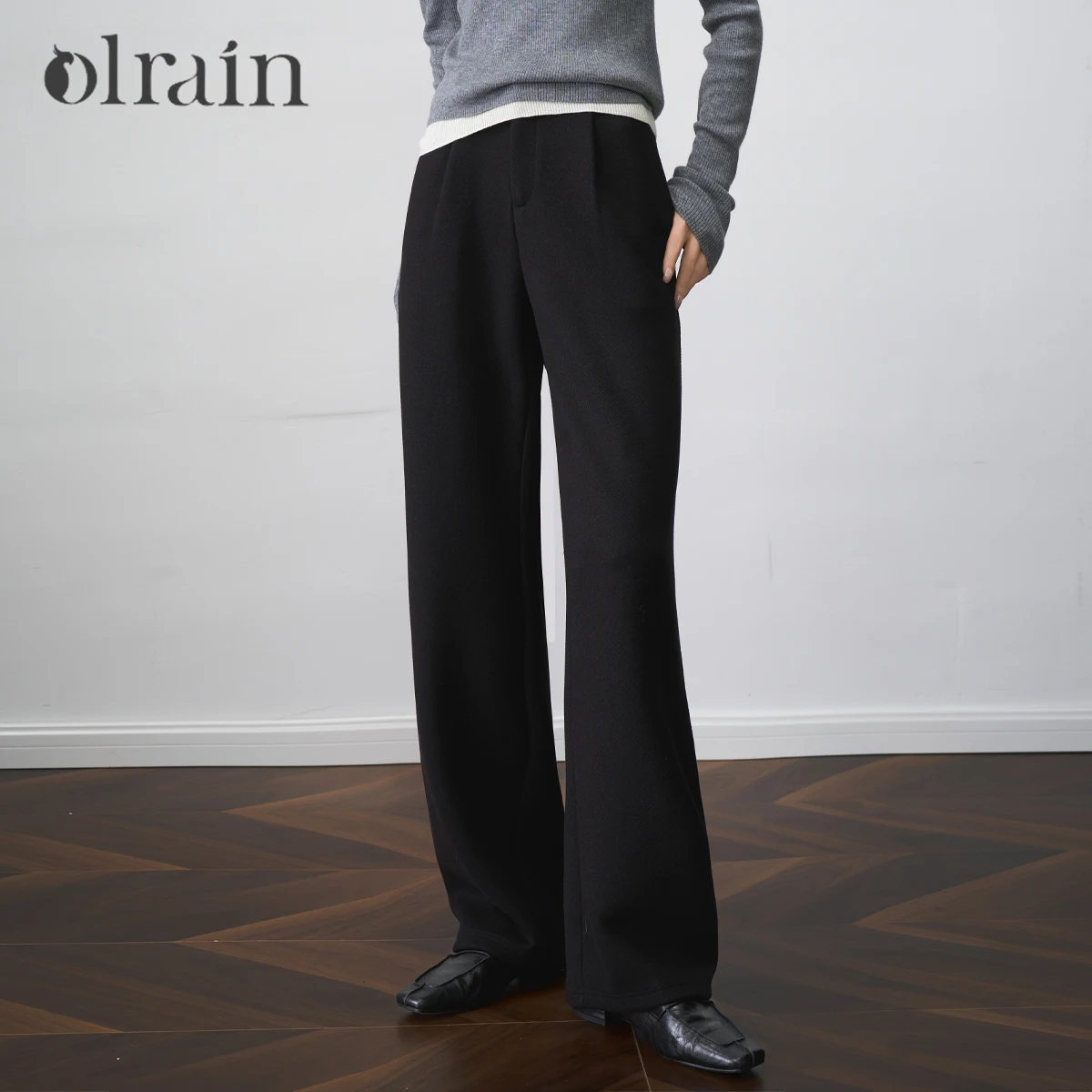 OLrain Women's Black Straight Leg Pants 2026 Autumn Zipper Front Design Office Commuter Comfort Fit Female Trousers O57QK001610