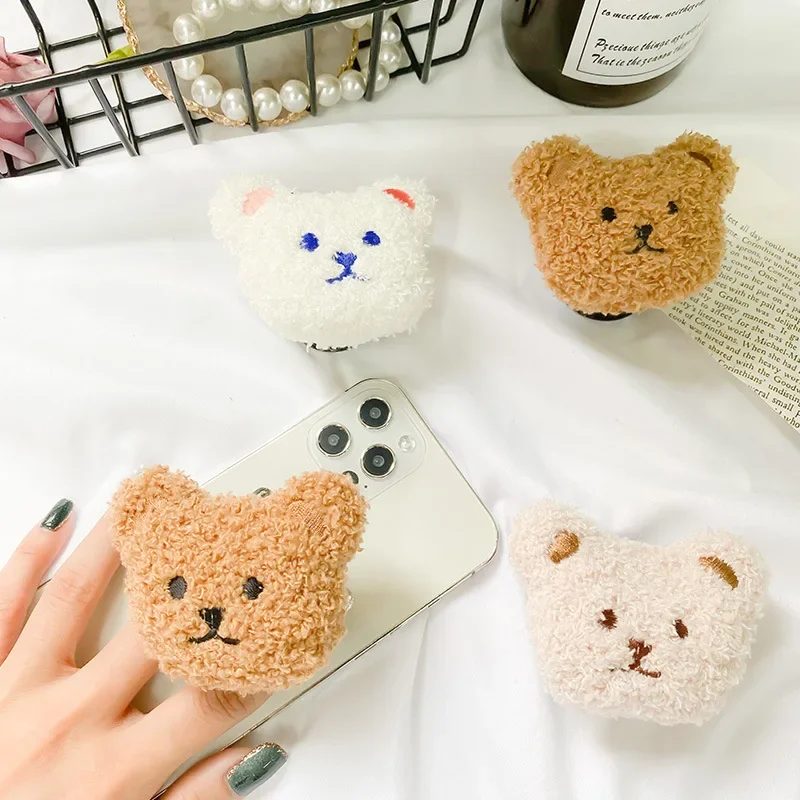 Korea 3D Cute Warm Plush Bear Mobile Phone Airbag Holder Cartoon Plush Creative Desktop Lazy Paste Retractable Bracket Ring