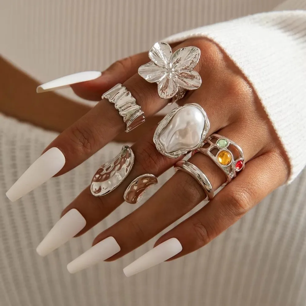 6/8/12 pcs/set Alloy Open Ring Sets Gold Sliver Irregular Design Imitation Pearl Ring Colorful Gemstone Shiny