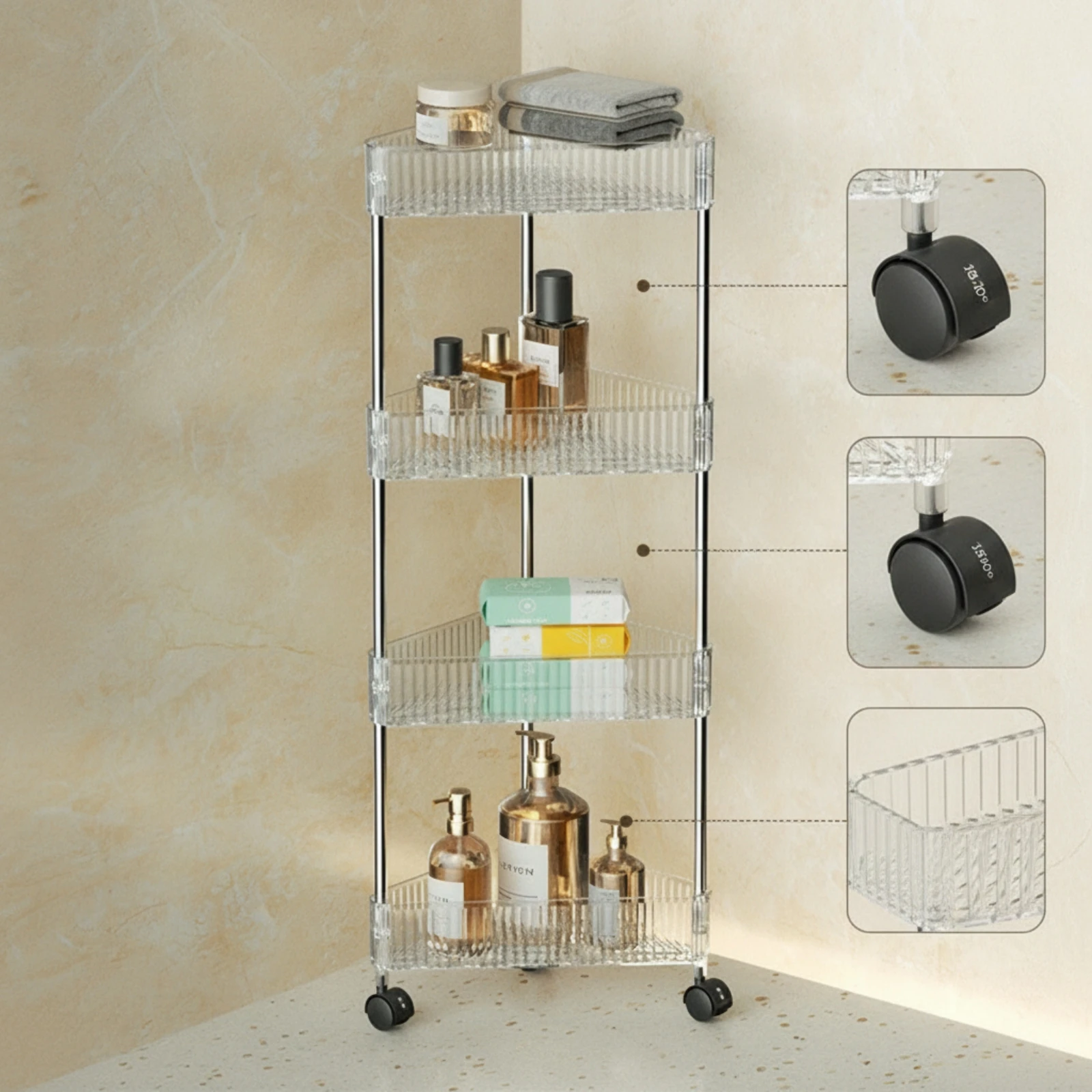 Corner Shelving Rack with Wheels Tiered Corner Rack with Wheels Compact Mobile for Bathroom, Vanity