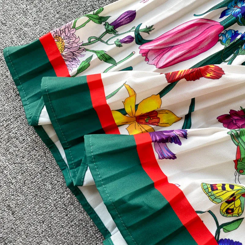 2021 Zomer Runway Designer Geplooide Jurk Vrouwen Korte Mouw Kraag Overlay Bloem Print Slim Party Midi Jurken N78610