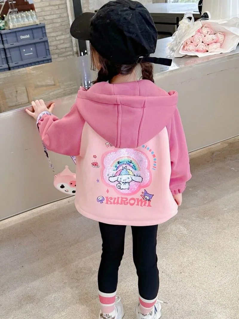 

Kawaii Kuromi Cinnamoroll Sanrio Student Cute Cartoon Plus Velvet Hoodie Children Hooded Sportswea Jacket Birthday Gift for Kids