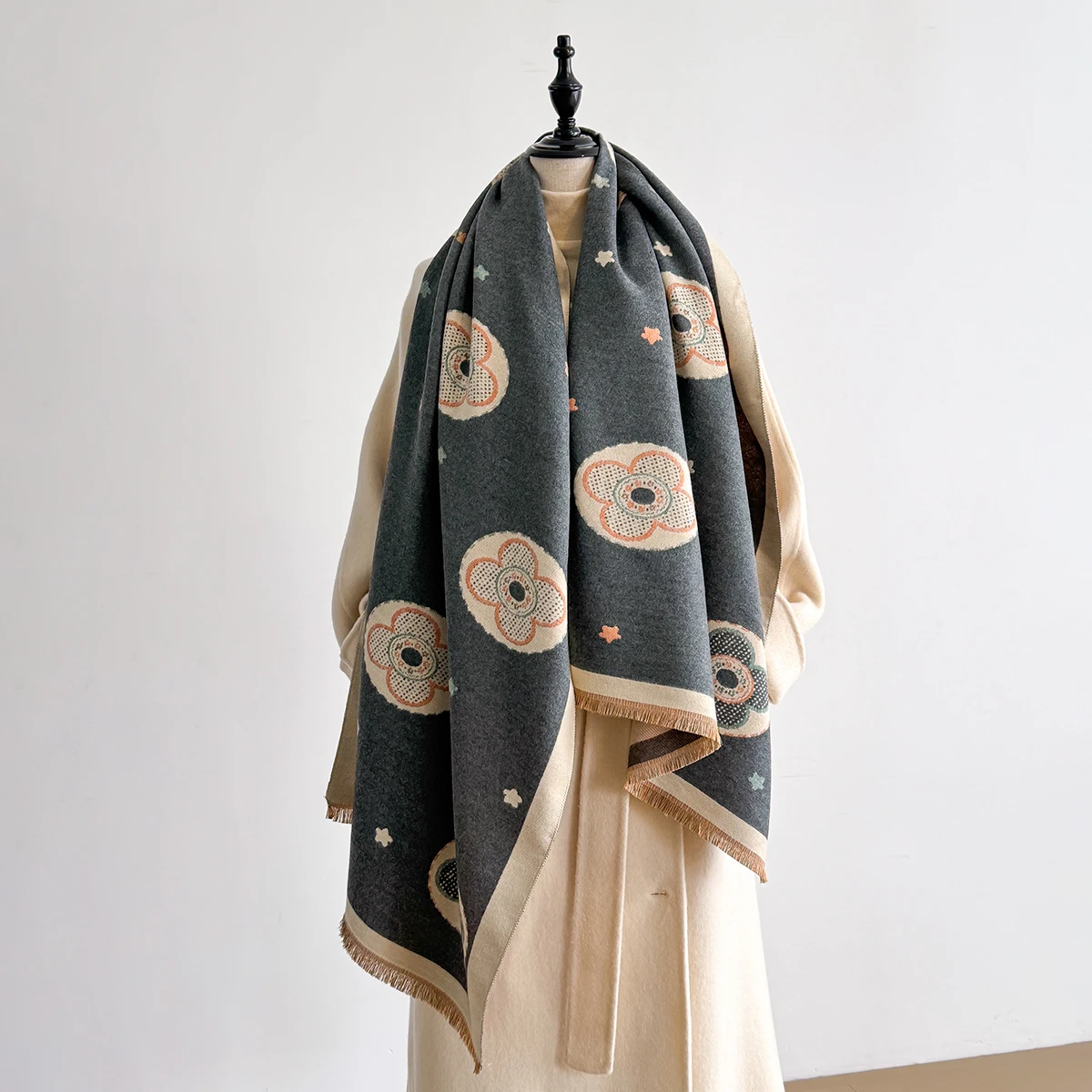 

Luxury Designer Brand Women's Winter Scarf Shawl - Flower Print Faux Cashmere Pashmina, Warm Large Wrap Long Foulard