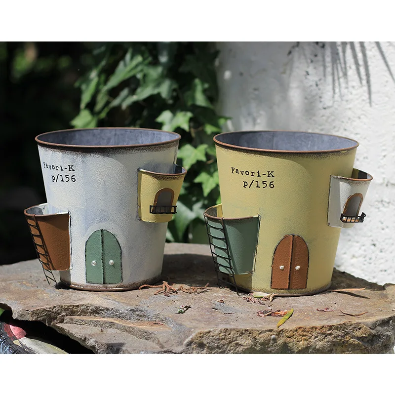 Cross-border retro iron pot fairy tale castle colored flower pot garden grocery group pot container succulent green plant grass