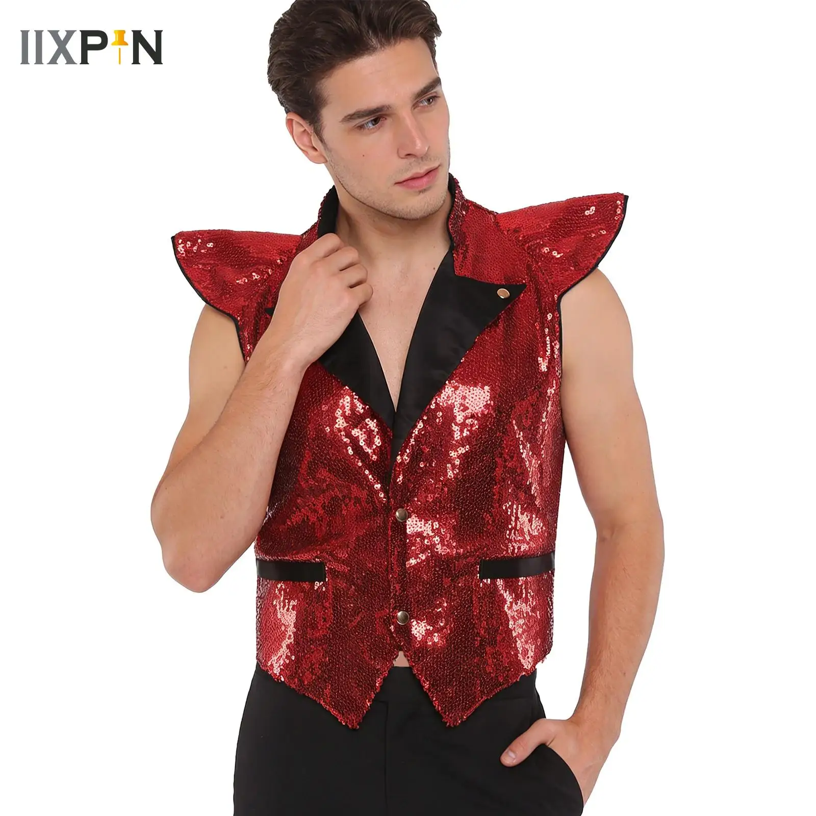 

Мужской деловой костюм с блестящими пайетками, жилет с v-образным вырезом без рукавов, жилет для джазовых танцев, банкет, свадьба, вечеринка, хор, сценический костюм
