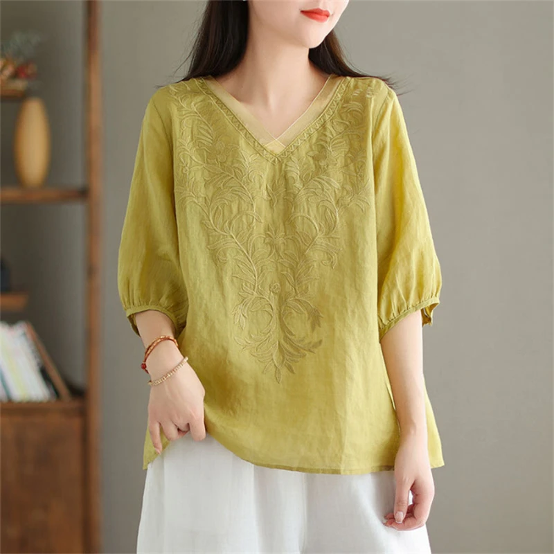 Women\'s Vintage Embroidery Half Sleeve Blouse 2024 Summer V-neck Loose Cotton Linen Shirt Simple Casual Solid Thin Tops Female