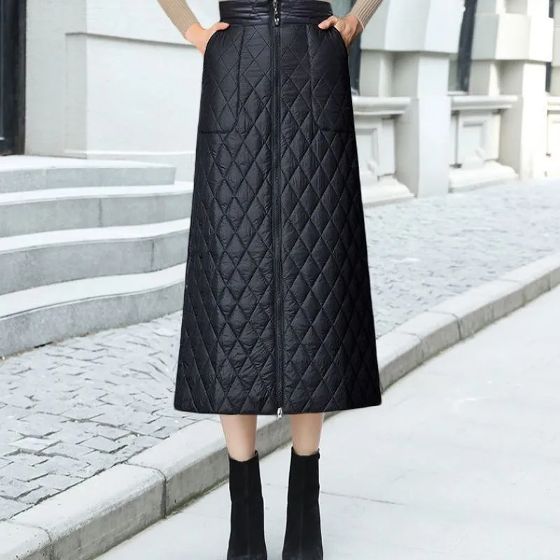 

Autumn Winter Zipper Skirts Women Long 20223New Elegant Down Cotton Skirt Warm Winter Elastic Waist Pocket A-Line Skirt Female