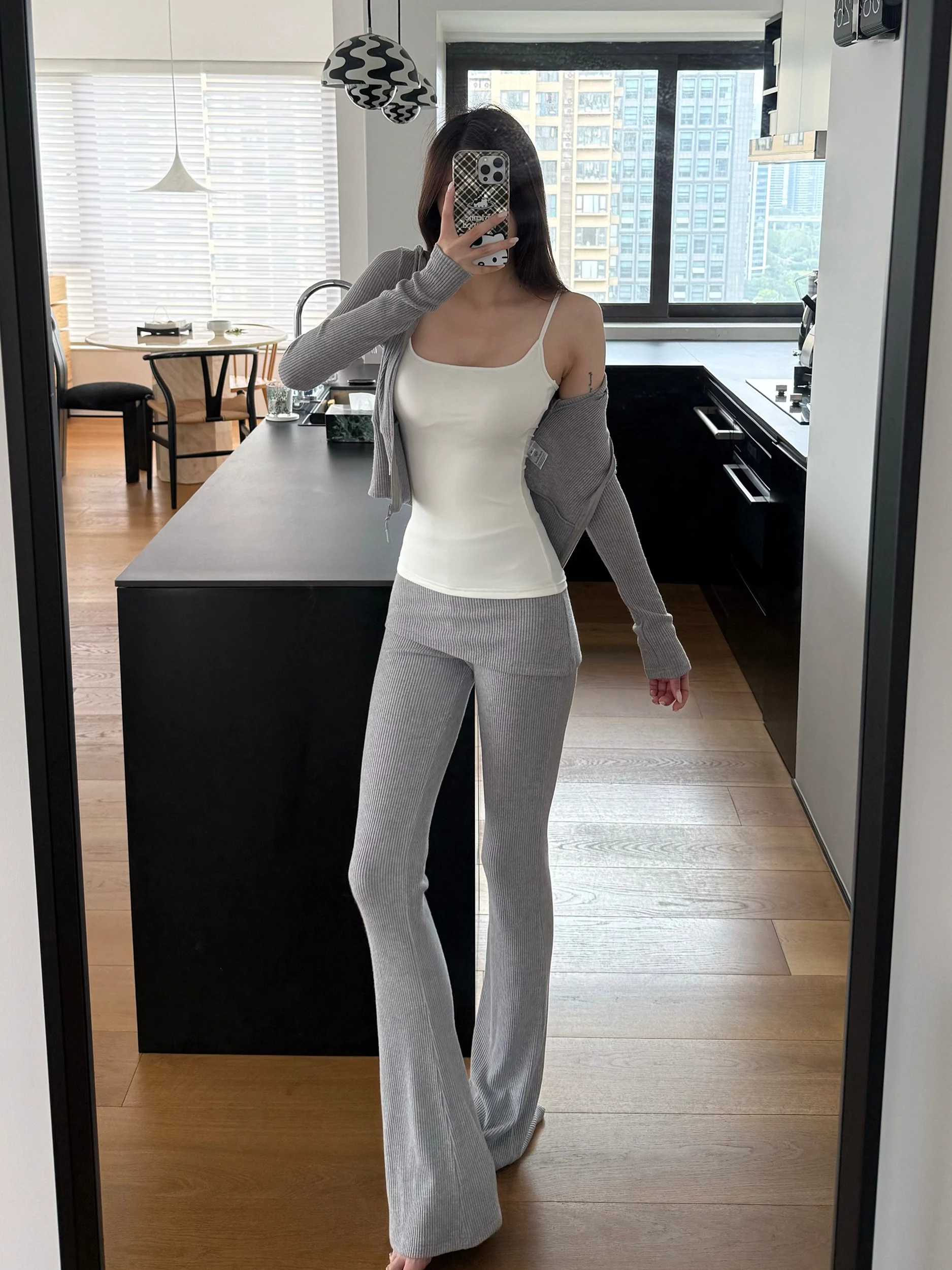 Autumn Winter Casual Women's Outfit Zhang Zi  Long Sleeve Hoodie And Micro Flared Pants Set Design Sense Stripe Pattern