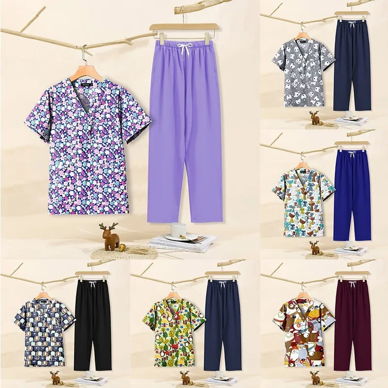 

Printed Clinical Workwear Scrub Sets Unisex Care Centre Workwear Nurse Uniform Scrubs Top Pants Medical Uniform Carer suit women